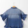 Women's Plus Size Peacock Blue Ruffled Frayed Short Sleeve Denim Jacket - Image 7