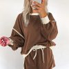 Fashionable Coffee Color Contrast Loose Pullover and Lace-Up Waist Skort Set for Women - Image 7