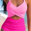 Chic Rose Red Ric Rac Trim Cutout One Piece Swimsuit with Contrasting Patchwork Design - Image 12