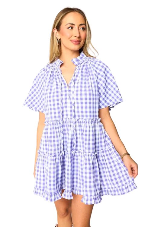 Women's Lavendula Plaid Ruffle Wide Short Sleeve Babydoll Mini Dress