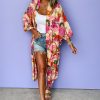 Women's Pink Floral Allover Print Open Front Belted Duster Kimono - Image 3