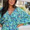 Chic Green Abstract Print Puff Sleeve V Neck High Waist Romper for Women - Image 8