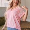 Women's Light Pink Lace Patchwork V Neck T-Shirt with Exposed Seams - Image 5