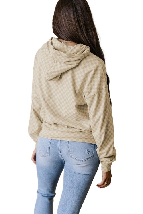 Women's Khaki Checkered Print Kangaroo Pocket Drawstring Hoodie