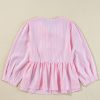 Women's Pink Stripe Bowknot Front Crew Neck Puff Sleeve Blouse - Image 8