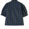 Elegant Green Stripe Plaid Puff Sleeve Blouse with Frilled Trim - Image 7