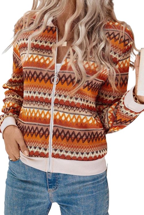 Women's Orange Boho Striped Zip Up Long Sleeve Jacket - Stylish and Versatile Outerwear