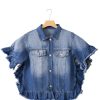 Women's Plus Size Peacock Blue Ruffled Frayed Short Sleeve Denim Jacket - Image 6