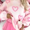 Women's Pink Heart Shape Bubble Sleeve Baggy Sweater - Cozy Casual Fashion - Image 6