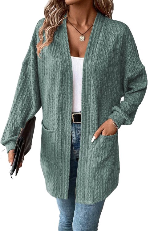 Women's Canton Textured Knit Cardigan with Side Pockets - Open Front Style