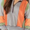 Women's Light Grey Color Block Stitching Detail Half Zipper Sweatshirt - Image 4