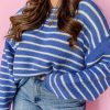 Plus Size Sky Blue Stripe Drop Shoulder O Neck Sweater - Image 2