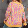 Plus Size Bright Pink Leopard Ribbed Trim Long Sleeve Sweater - Image 2