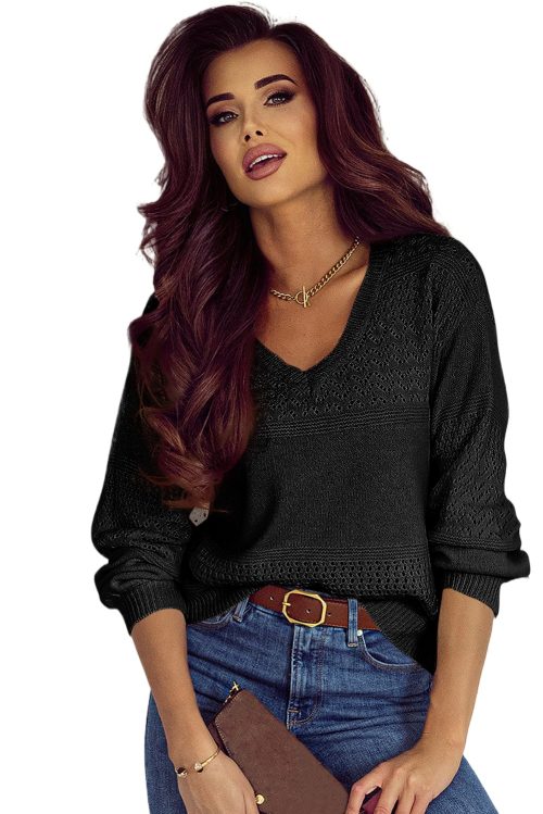 Women's Black Eyelet Pattern V Neck Drop Shoulder Sweater - Casual and Stylish for Fall