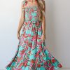 Women's Green Abstract Print Smocked Bodice Knotted Straps Ruffled Maxi Dress - Elegant Bohemian Style - Image 12