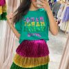 Women's Sea Green Sequin Mardi Gras Letter Graphic T-Shirt - Festive Casual Wear - Image 2