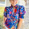 Women's Blue Abstract Print Frilled Collar Ruffled Puff Short Sleeve Top - Image 4