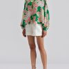 Women's Green Floral Print Button Up Pleated Puff Sleeve Loose Shirt - Image 5