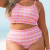 Stylish Pink Plus Size Plaid Print High Waist Bikini Set for Beach Days - Image 12