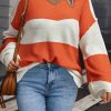 Women's Orange Stripe Color Block Drop Shoulder Bubble Sleeve Sweater - Image 3