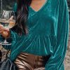 Women's Elegant Sea Green Velvet V Neck Peplum Hem Puff Sleeve Blouse - Image 9