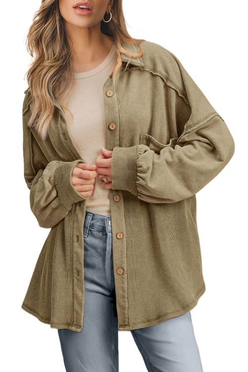 Women's Oversized Moss Green Patchwork Buttoned Waffle Knit Shacket