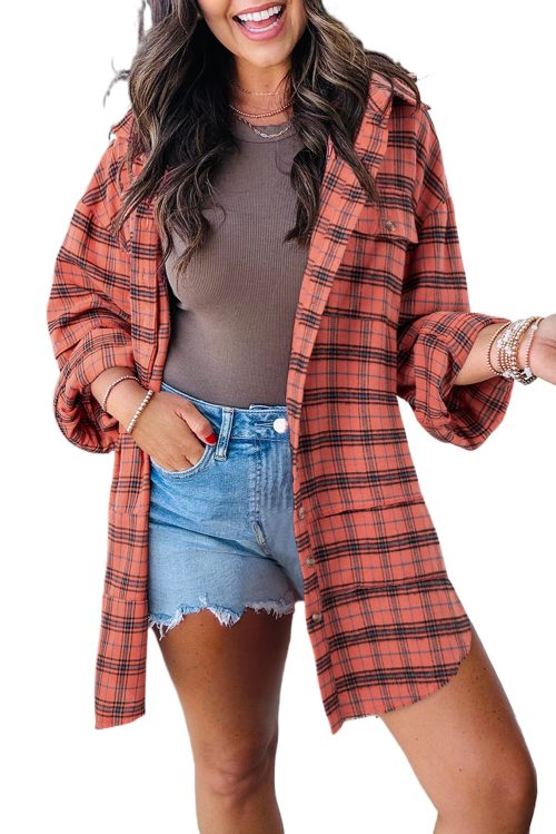 Women's Red Plaid Long Sleeve Side Split Distressed Hem Shirt