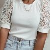 Women's Elegant White Lace Floral Patchwork Ribbed Knit Half Sleeve T-Shirt - Image 3