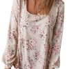 Women's Pink Floral Print Pleated U Neck Loose Fit Blouse - Elegant and Charming - Image 15