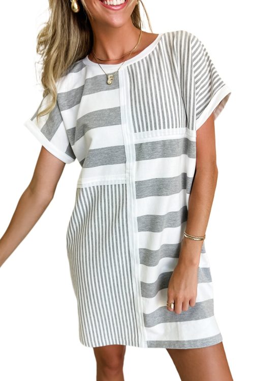 Women's Gray Stripe Mixed Printed Short Sleeve Shift Mini T-Shirt Dress