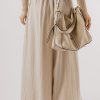 Women's Beige Drawstring Waist Pleated Wide Leg Casual Pants - Image 5