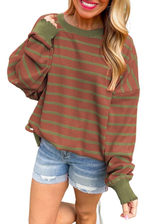 Women's Brown Stripe Trimmed Round Neck Drop Shoulder Loose Sweater