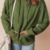 Women's Vineyard Green Solid Color Hoodie with Rivet Studs and Pocket - Image 4