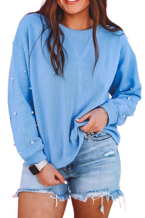 Women's Myosotis Pearled Sleeves Drop Shoulder Round Neck Pullover Sweatshirt