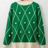 Women's Dark Green Diamond Pattern High Neck Christmas Sweater with Pom Accents - Image 23