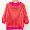 Chic Women's Rose Stripe 3/4 Puff Sleeve Drop Shoulder Sweater - Image 3