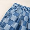 Dusk Blue Plus Size Checkered Seamed High Waist Wide Leg Jeans for Women - Image 8