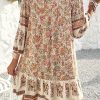 Women's Apricot Floral Print Mini Dress with Tassel Drawstring and V Neck - Image 2