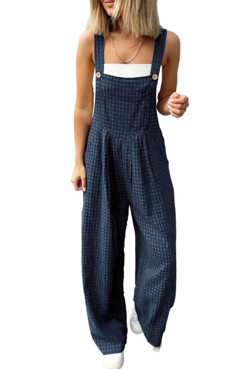 Women's Sail Blue Plaid Print Buttoned Pocketed High Waist Overall Jumpsuit