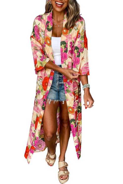 Women's Pink Floral Allover Print Open Front Belted Duster Kimono