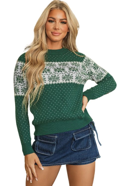 Women's Green Christmas Snowflake Dotted Print Round Neck Sweater - Cozy & Chic