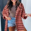 Women's Red Plaid Long Sleeve Side Split Distressed Hem Shirt - Image 5