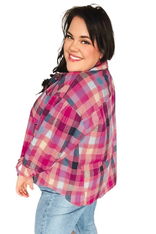 Women's Plus Size Rose Stripe Checkered Print Button Up Shirt