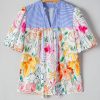 Women's Multicolor Floral Print Striped Yoke Frilled V Neck Puff Short Sleeve Blouse - Image 9