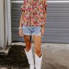 Charming Women's Pink Floral Print Crew Neck Short Sleeve Shift Blouse - Image 13