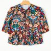 Women's Black Tropical Print Bubble Sleeve Knot Front Blouse for Summer Style - Image 7