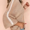 Women's Light French Beige Contrast Striped 3/4 Sleeve Crew Neck Sweater - Image 3