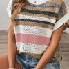 Women's Pink Stripe Color Block Eyelet Knit Short Sleeve Sweater Tee - Image 7