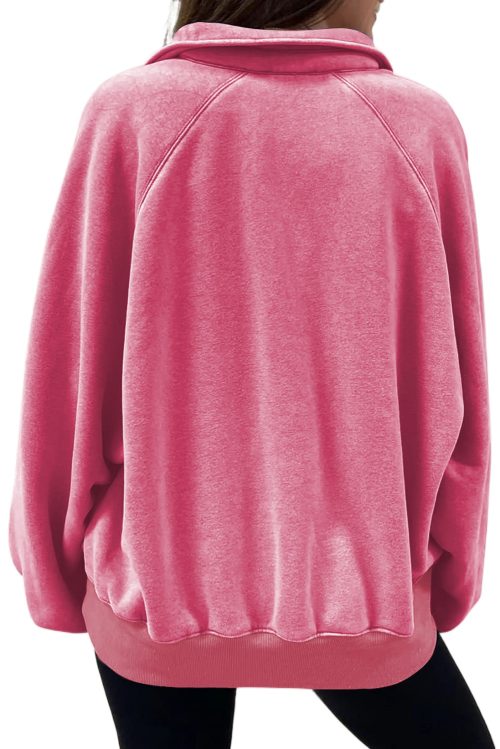 Women's Oversized Pink Solid Snap Buttons Collared Balloon Sleeve Sweatshirt