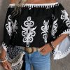 Women's Black Tribal Printed Off Shoulder Blouse with Loose Sleeves - Image 5